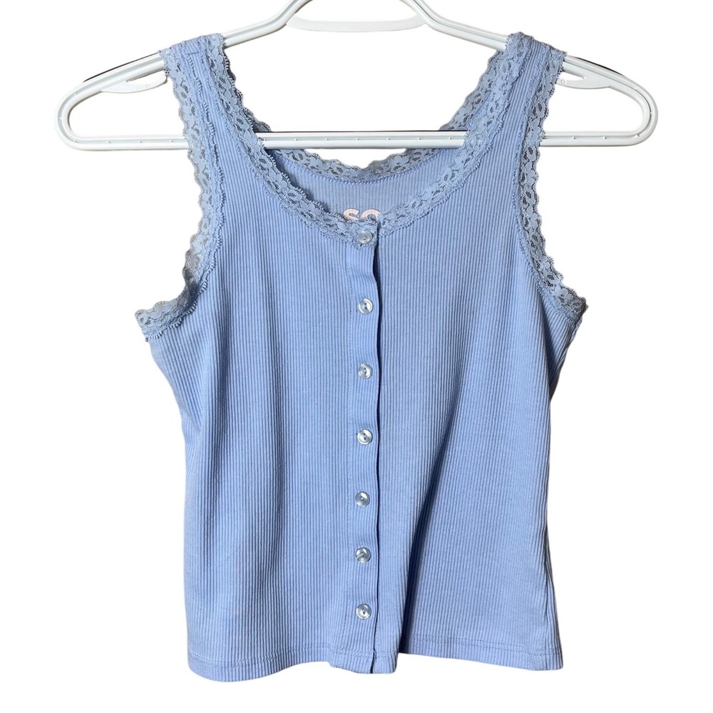 SO Ribbed Lace Trim Button Front Tank Top Periwinkle Blue XS Coquette Summer
